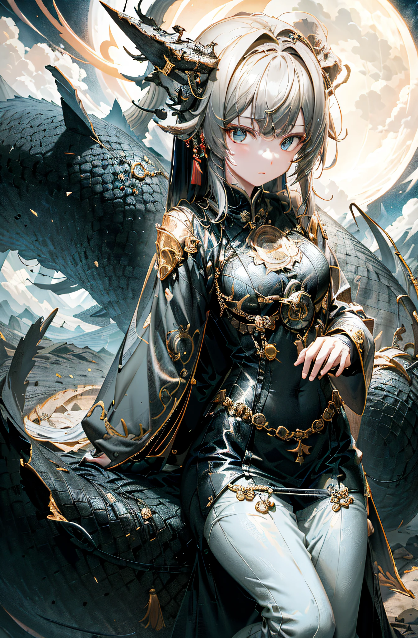 anime girl sitting on a dragon，The background is the full moon。, trending on artstation pixiv, with scaly-looking armor, by Yang J, Guweiz on ArtStation Pixiv, Guweiz in Pixiv ArtStation, Anime fantasy illustration, Detailed digital anime art, Fanart Meilleure ArtStation, drak, Keqing from Genshin Impact