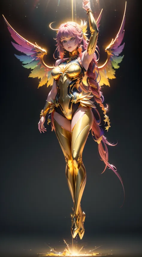 (Dynamic angle:1.4), ((Full body posing:1.5), (colorful:1.2), (extremely detailed CG unity 16k wallpaper:1.1), (Denoising strength: 1.45), (tmasterpiece:1.37), ((official art)), (colorful:1.2), The whole body is golden yellow, suspended in the air, yes Big...