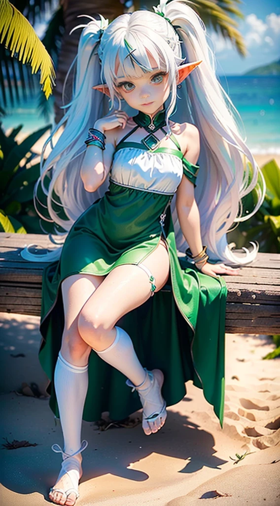 (Dynamic angle:1.4), ((Full body posing:1.5), (colorful:1.2), (extremely detailed CG unity 16k wallpaper:1.1), (Denoising strength: 1.45), (tmasterpiece:1.37), ((official art)), RAW photo, 1igrl, goddess, white hair, blush, (smile:0.8), upper body, (high detailed skin:1.2), 8k uhd, dslr, Fujifilm XT3, swing, green eyes, smell, dress, white dress, long hair, stirrup legwear, pointy ears, multicolored hair, side ponytail, jewelry, white hair, gradient hair, tree, symbol-shaped pupils, hair ornament, bangs, solo, Seaside, summer, coconut trees, beaches, toeless legwear, outdoors, white socks, looking at viewer, toes, no shoes, socks, bracelet, feet, closed mouth, cross-shaped pupils, green hair, holding, hair between eyes, full body, bare shoulders, sleeveless, day, flower, green cape, short sleeves, sleeveless dress, plant, white footwear, (light:1.2), (chibi:1.2), soft lighting, film grain, high quality