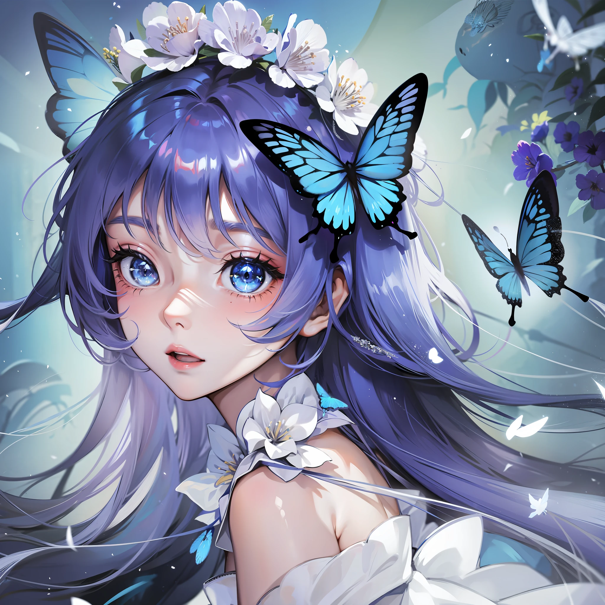 1 girl, blue butterfly, pure white gauze dress, sparkling, face focused