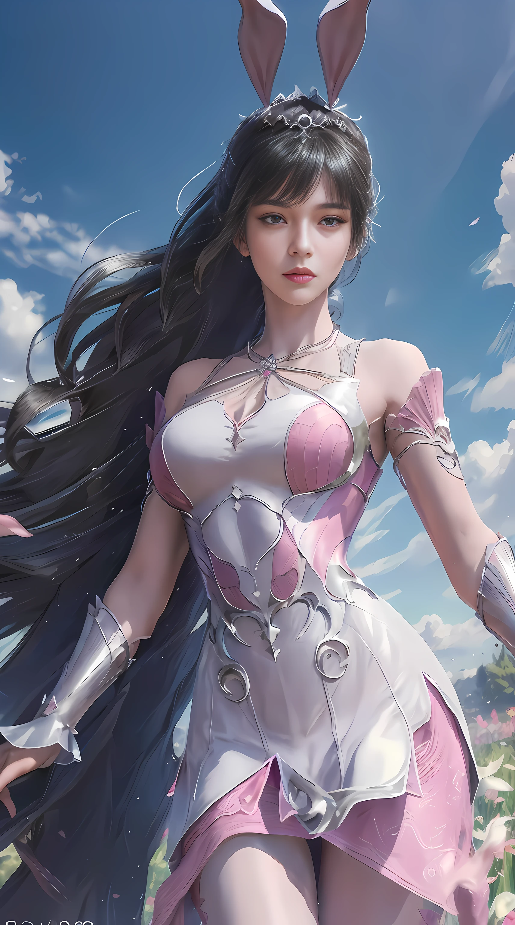 (1girl:1.3), Solo, __body-parts__, Official Art, Unity 8k Wallpaper, Ultra Detailed, Beautiful and Aesthetic, Masterpiece, Best Quality, RAW, Super Fine Photo, Best Quality, Ultra High Resolution, Photorealistic Photorealism, Sunlight, Full Body Portrait, Amazing Beauty, Delicate Face, Vibrant Eyes, (From the Front), Detailed Face, Gorgeous, Highly Detailed Skin, Realistic Skin Details, Visible Pores, Sharp Focus, Volume Fog, 8K uhd, DSLR, high quality, film grain, fair skin, photo realism, brunette hair, brunette hair, breasts, open eyes, split sleeves, skinny, transparent, pink, dress, transparent panties, pink, twisted braid, long braid, jewelry, gold accessories, gorgeous accessories, complex, delicate lips, long hair, medium breasts, outdoor, closed lips, petals, peach blossoms, rabbit ears, pink rabbit ears, standing, dynamic pose, upper body