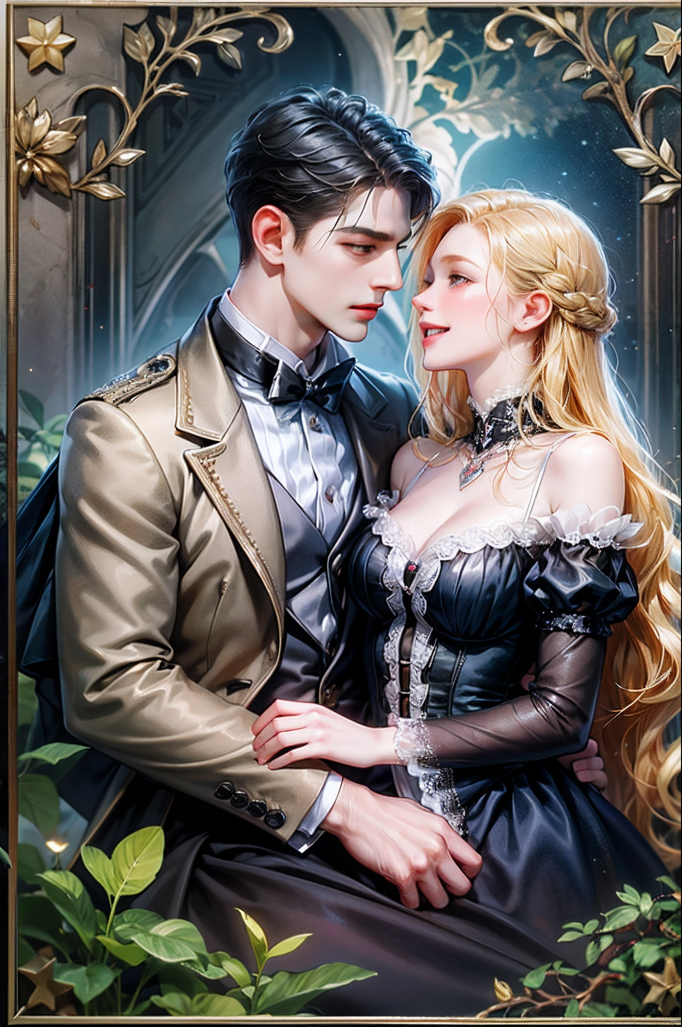 (absurdress, hight resolution, overdetalization), 2others, couple, 1 man and 1 woman, Mature, Difference in height, Different hair color, a happy, Love, cuddling, upper-body, hairlong, black hair and blonde hair, fantasy, night garden, Gothic atmosphere