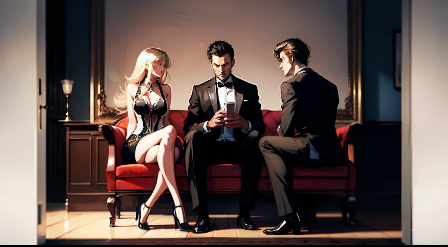 (3 people) Anime poster of the three, Art Cover Illustration, romance novel cover, Casual Man, Girl in a dress, Man in a suit, Normal legs, normal hands