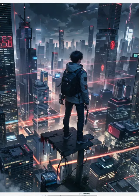 1boy,a 13 yo boy、Cyberpunk Boy、katanas,Tank Tops、Whole body bloody、Overhead view of the composition、backlightning,The beginning of the adventure、Lots of clouds,heavy fog、Midnight,darkness,Chaotic city of the future、Movie dystopia、A group of very tall skyscrapers stands in the center、Very complex cityscape,Crowded Chinese skyscrapers、street signs、streetlights、Pretty dim lighting、Dark road、puddles、Chaotic landscape、Beautiful and fantastic scenery、Cinematic scenery、hightquality、masutepiece,in 8K、hight resolution、Best Illustration,