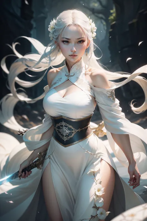 Close-up of a woman in a white dress holding a sword，Fighting posture，Sharp eyes，figure portrait，The popularity of CGsociety，Fantasyart，beautiful character painting，Guviz-style artwork，Guvitz，white hanfu，flowing white robe，full-body wuxia，epic exquisite  c...