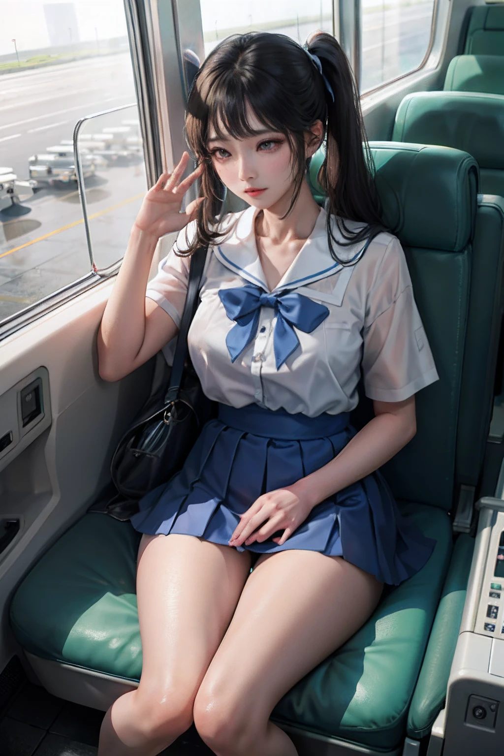 Real Images、(​masterpiece:1.2、top-quality)、Lady 1、solo、Stand kneeling、Physical education sitting、M-shaped legs、open legs,summer clothing、Cabin Crew、open legs,poneyTail、Uniforms、a miniskirt、White panty、camel's toe、Planes、Pink blouse、Services for passengers、water dripping、Wet、Provision of safety instructions、Response to emergencies、bangss、(Glossy skin:1.15)、