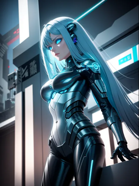 "Cyborg girl with metallic features, glowing blue eyes, and futuristic attire, in a dystopian cityscape at night. Add a sense of mystery and intrigue with a dark color palette, neon lights, and cyberpunk elements. Emphasize the contrast between technology ...