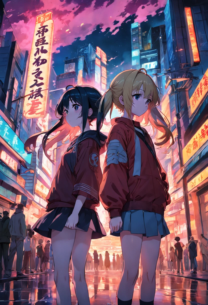 Two anime girls standing in the middle of a city at night - SeaArt AI