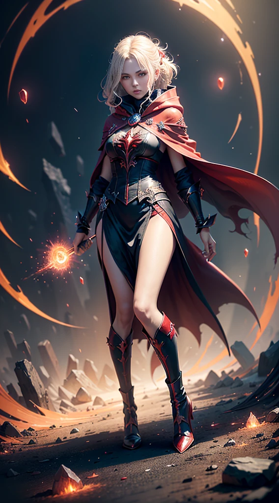 A woman in a red cape and black boots standing in front of a circular