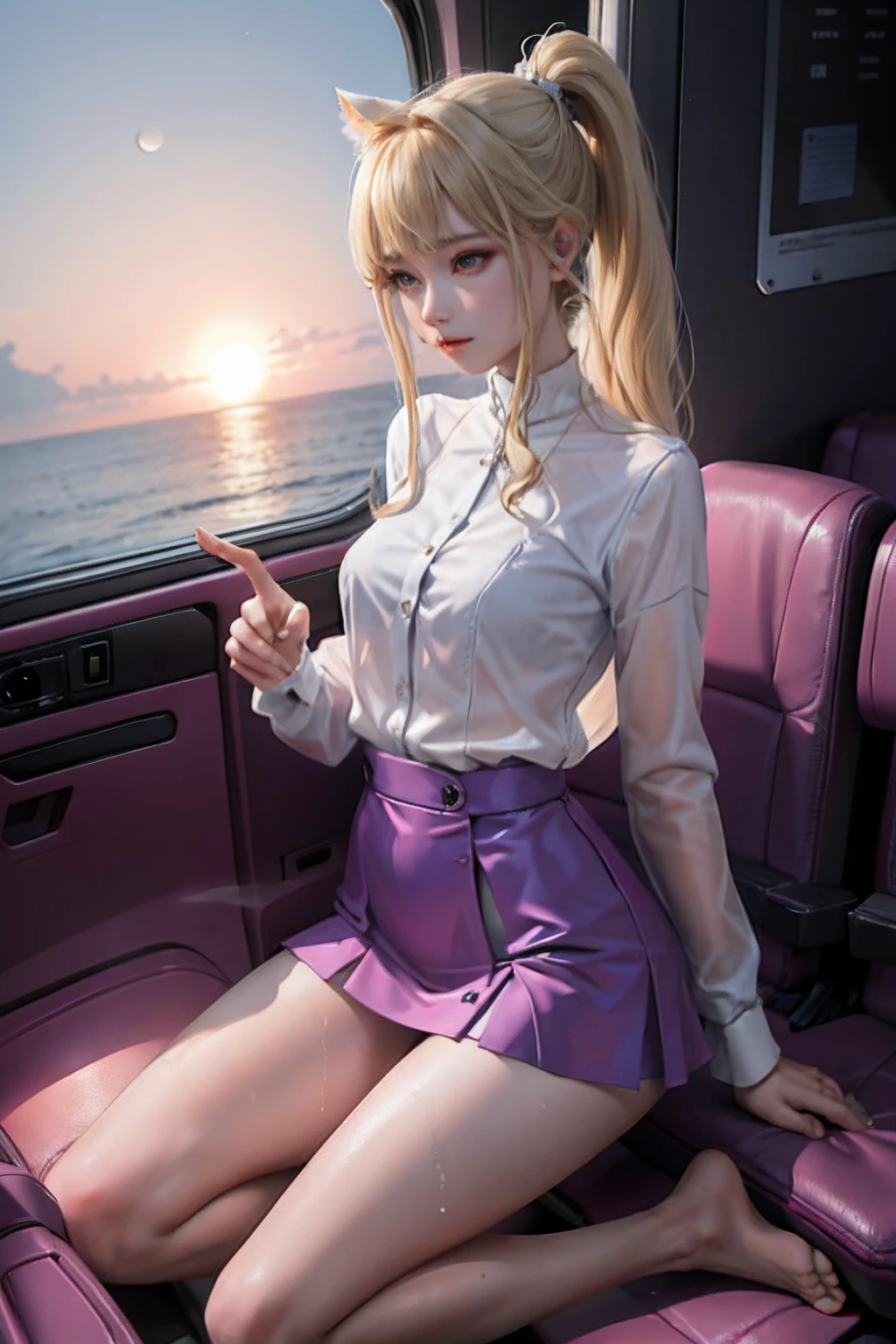 Blond haired woman in a purple skirt sitting in a car - SeaArt AI