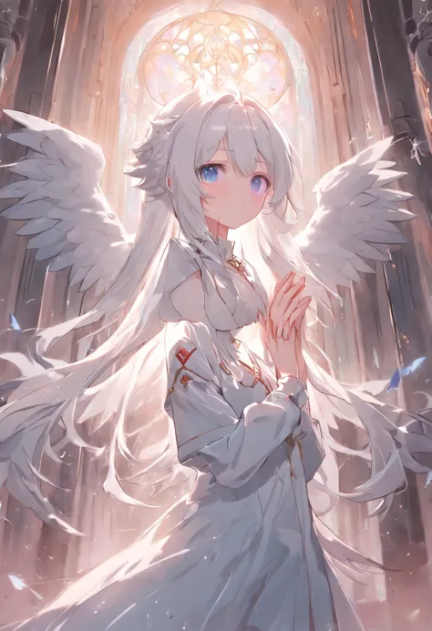 Anime girl standing in the Holy Church，Pray with both hands，the angel's wings，There are cat ears on the head, white dresses!! silber hair,Blue eyes， cute anime waifu in a nice dress,, White-haired god, gray-haired girl, Perfect girl with white hair, Güvez ...