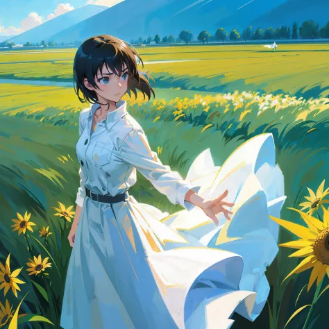 Estilo de Makoto Shinkai，comic strip，The girl stood on the field，white  clothes，rays of sunshine，