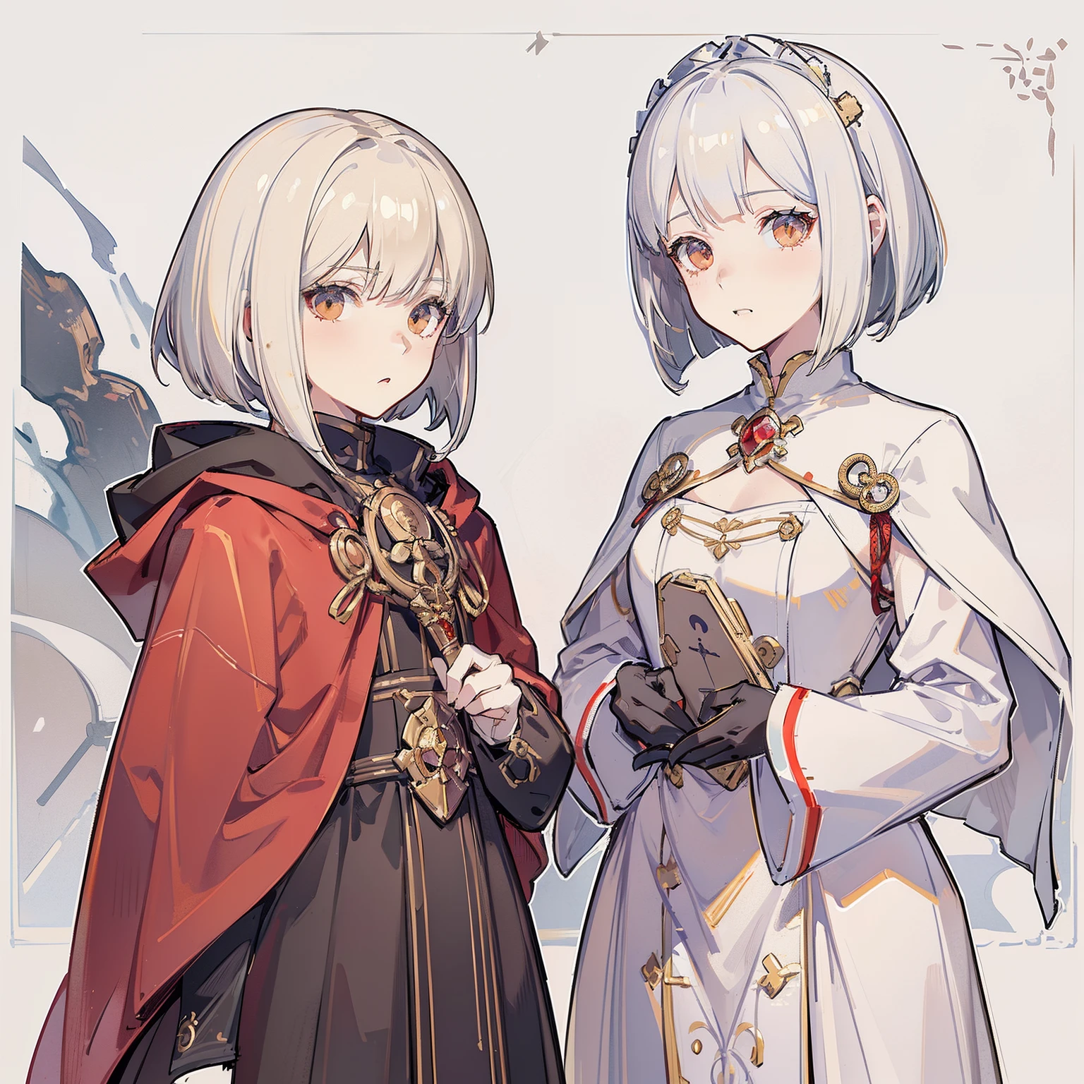 (masuter piece,Best Quality,Ultra-detailed), (A detailed face), ((Character Sheet:1.2)), blonde eyes,(White hair:1.1), (bob cuts), Two-tone hair,body suit,Black and red cloak, flat-chest, Dagger decoration,(Fire Emblem), 1girl in, the same character