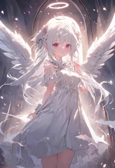 Extremely detailed CG unified 8K wallpaper、very fine 8KCG wallpaper、Anime girl standing in the sanctuary，Pray with both hands，the angel's wings，There are cat ears on the head, white dresses!! silber hair,Red pupil eyes， cute anime waifu in a nice dress,, W...
