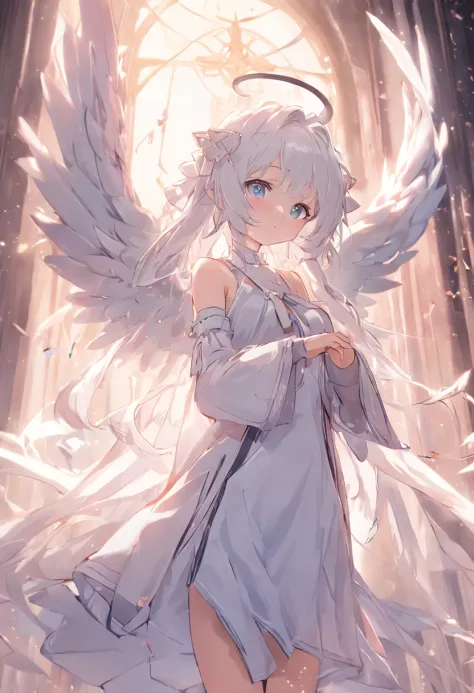 Extremely detailed CG unified 8K wallpaper、very fine 8KCG wallpaper、Anime girl standing in the sanctuary，Pray with both hands，the angel's wings，There are cat ears on the head, white dresses!! silber hair,blue color eyes， cute anime waifu in a nice dress,, ...
