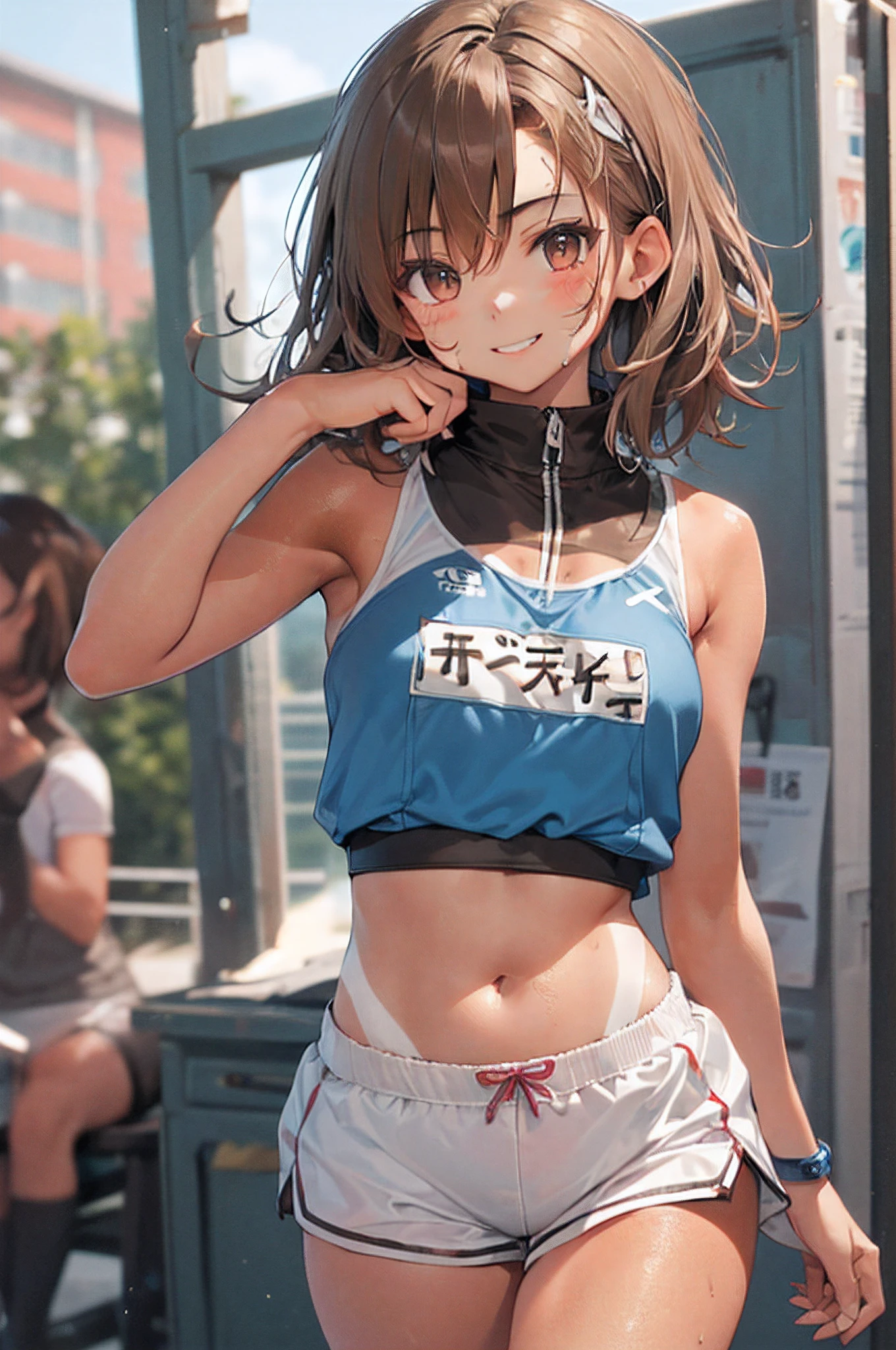 Top Qualität　Mikoto ging hoch　Mittelschul-BH　Beige shorts　　　　Cooler Look　　kleine Titten　　１６age　　im Raum　sexypose　Fackeln　Achselschweiß　durchnässt　　Ecstasy-Gesicht((Tischplatte)), (1 Mädchen:2.0), (besonders detailliertes Gesicht, lächelnd), Kurzhaarschnitt, braune Haare, Petite, (schlanke Statur), (ein japanisches Mädchen), ((Mitglied des Leichtathletikclubs, Langstreckenläufer)), Leicht rundes Gesicht, (Gebräuntes braunes Gesicht:1.6), Niedlich, große Augen