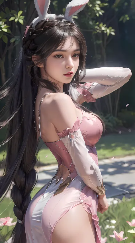 (1girl:1.3), Solo, __body-parts__, Official Art, Unity 8k Wallpaper, Ultra Detailed, Beautiful and Aesthetic, Masterpiece, Best Quality, RAW, Super Fine Photo, Best Quality, Ultra High Resolution, Photorealistic Photorealism, Sunlight, Full Body Portrait, Amazing Beauty, Delicate Face, Vibrant Eyes, (From the Front), Detailed Face, Gorgeous, Highly Detailed Skin, Realistic Skin Details, Visible Pores, Sharp Focus, Volume Fog, 8K uhd, DSLR, high quality, film grain, fair skin, photo realism, brunette hair, brunette hair, breasts, open eyes, split sleeves, skinny, transparent, pink, dress, transparent panties, pink, twisted braid, long braid, jewelry, gold accessories, gorgeous accessories, complex, delicate lips, long hair, medium breasts, outdoor, closed lips, petals, peach blossoms, rabbit ears, pink rabbit ears, standing, dynamic pose, upper body