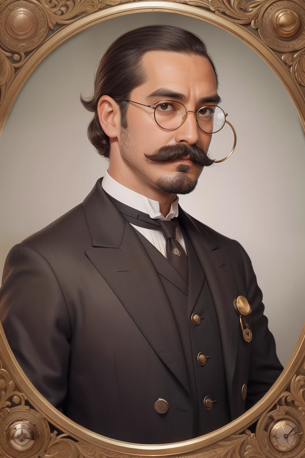 Gros plan d&#39;un homme avec une moustache de guidon méticuleusement soignée et un monocle, son expression est un mélange parfait de surprise et de plaisir alors qu&#39;il regarde une montre de poche ornée de gravures complexes.