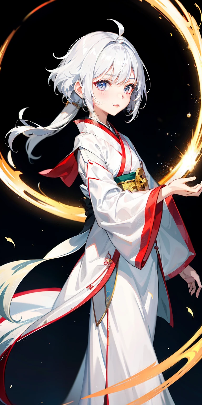 1girl, (hanfu), with light glowing, sidelighting, Wallpapers,A teenager has short silver-white hair，Eyes are focused，Cheerful laughter，He wears a white robe，There are landscape paintings on the lower edge of the robe，The boy's right hand held a longsword with fine workmanship，Black pupils，