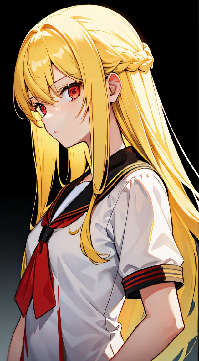 1girl,yellow hair,long hair,expressionless,red eyes,seifuku