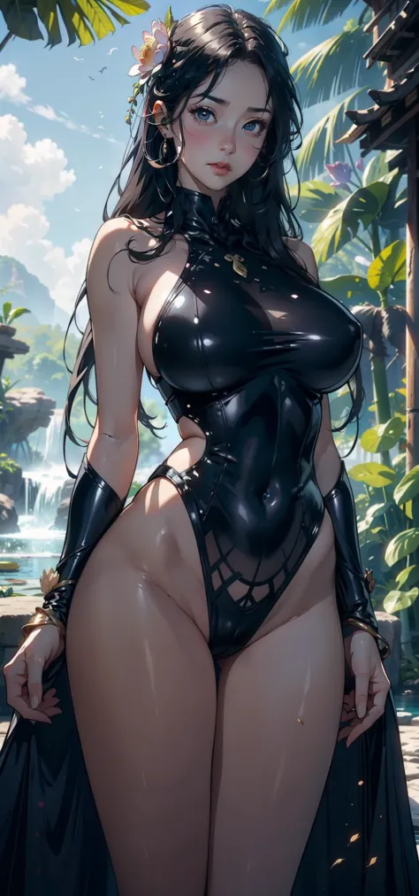 1female，35yo，A MILF，熟妇，huge tit，long leges，Big breasts Thin waist， 独奏，（Background with：the rainforest，lotus flower，lotuses，grape trees，Ground area water，Lotus pond，bamboo forrest） She has long black hair，，Combat posture，seen from the front， hair straight， ...