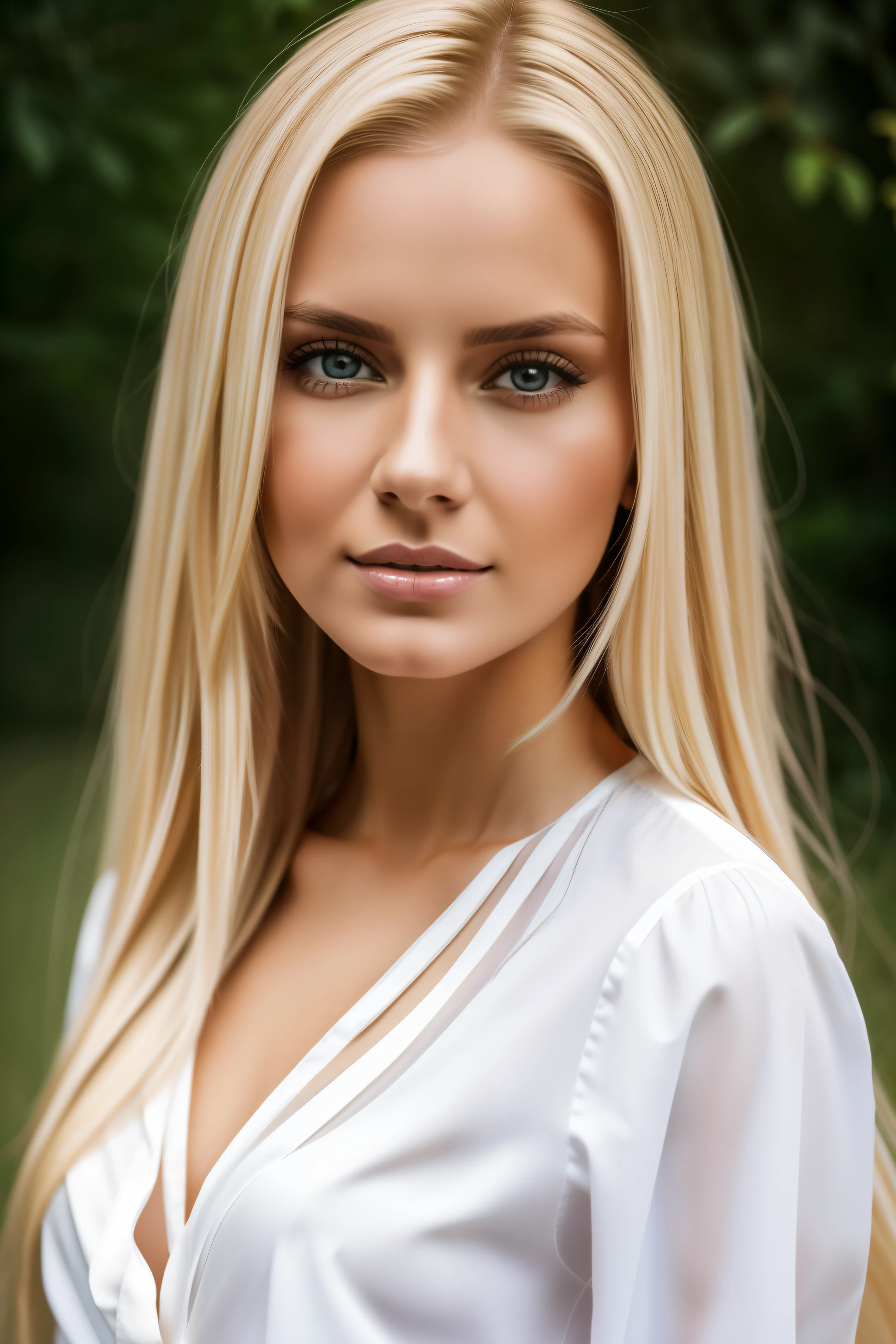 A close up of a woman with long blonde hair and a white shirt - SeaArt AI