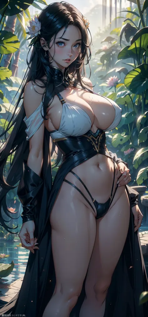 1female，35yo，A MILF，熟妇，huge tit，long leges，Big breasts Thin waist， 独奏，（Background with：the rainforest，lotus flower，lotuses，grape trees，Ground area water，Lotus pond，bamboo forrest） She has long black hair，，Combat posture，seen from the front， hair straight， ...