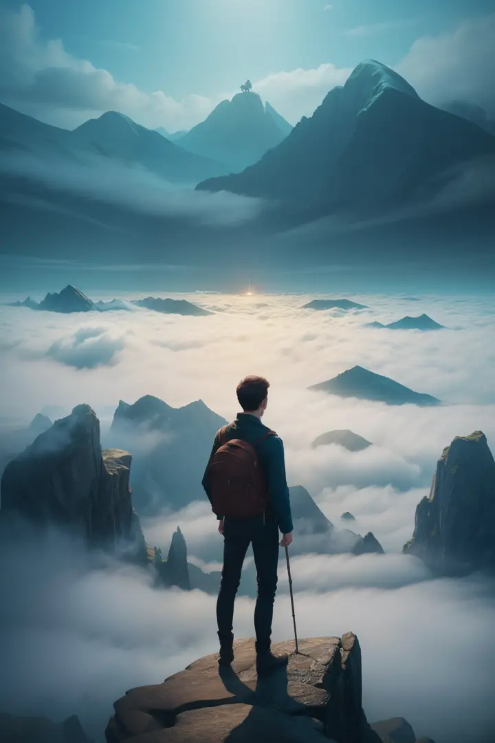 A dramatic representation of a young man, reminiscent of 'The Wanderer Above the Sea of Fog,' standing on a mountaintop, contemp...