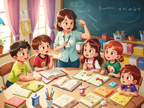 A teacher，3 students，Students aged 2-6，Play games together in the room，No tables and chairs，KIDS ILLUSTRATION，Pubic area is clear，Fingers correct