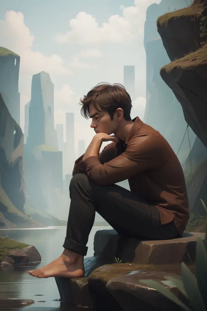 A contemplative scene reminiscent of 'The Thinker,' portraying a solitary figure lost in deep thought.