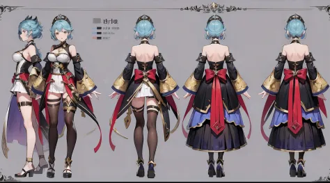 charavter reference sheet, best character design sheet, 1 woman, 20 years old, ((granblue fantasy character)), wearing blade and soul and granada espada hybrid costume, complete full body, ((front view and back view only)) light colors themed costume desig...
