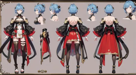 masterpiece, character reference sheet, best character design sheet, 1 woman, 20 years old, ((granblue fantasy character)), wearing blade and soul and granada espada hybrid costume, complete full body, ((1 perpective view and 1 front view and 1 back view o...