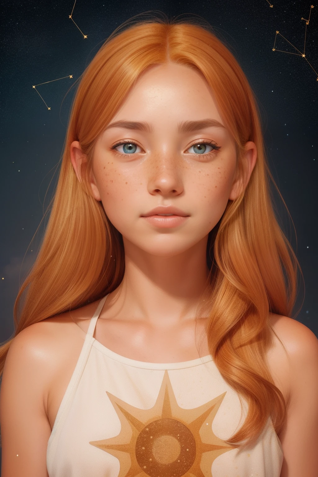 A character with freckles resembling constellations, gently scattered across the bridge of their sun-kissed nose. Their warm hazel eyes, flecked with golden highlights, radiate an aura of quiet strength and resilience. A smudge of honey-colored hair falls gracefully across their forehead.