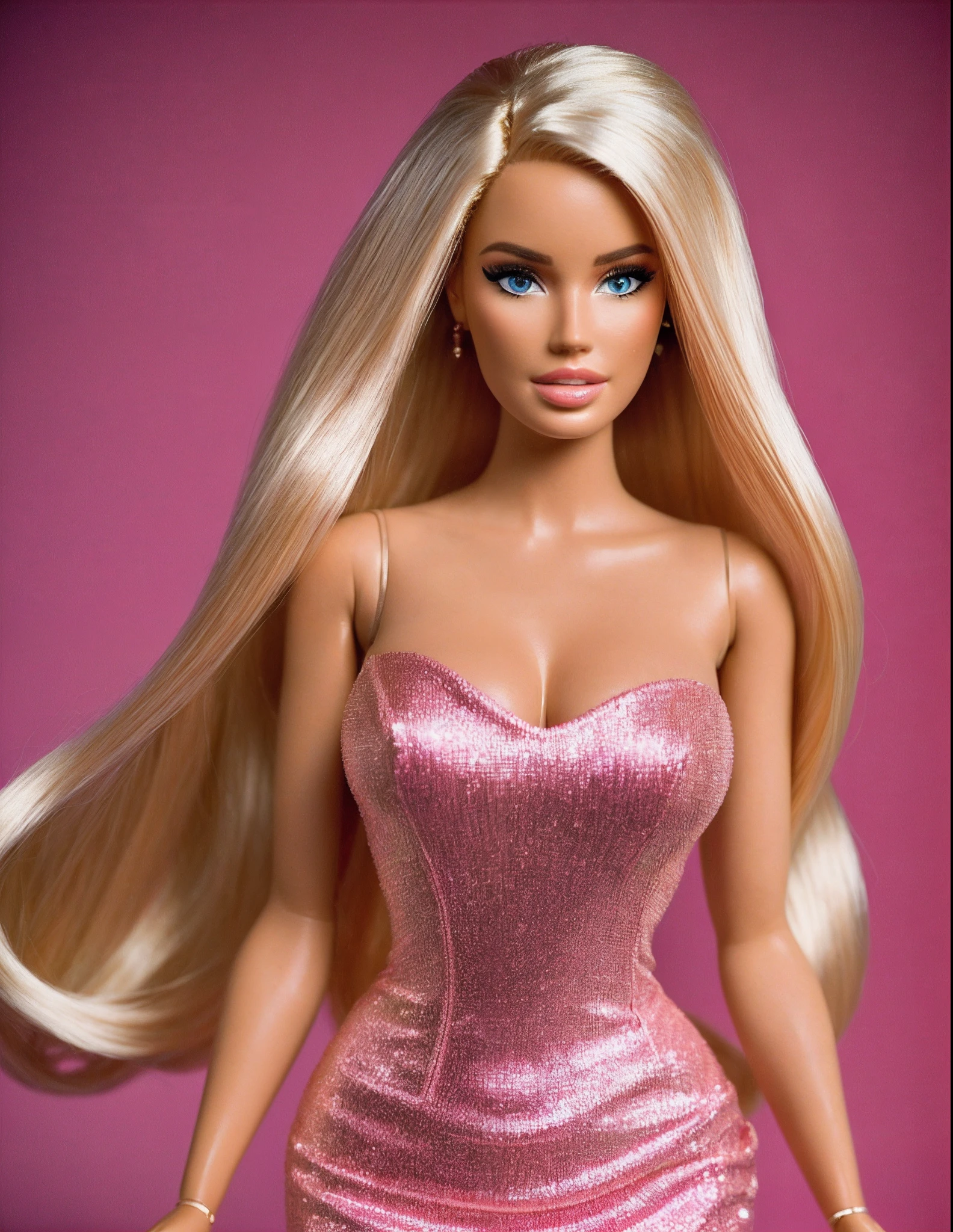 Muñeca Barbie con pelo largo y rubio y vestido rosa. - SeaArt AI