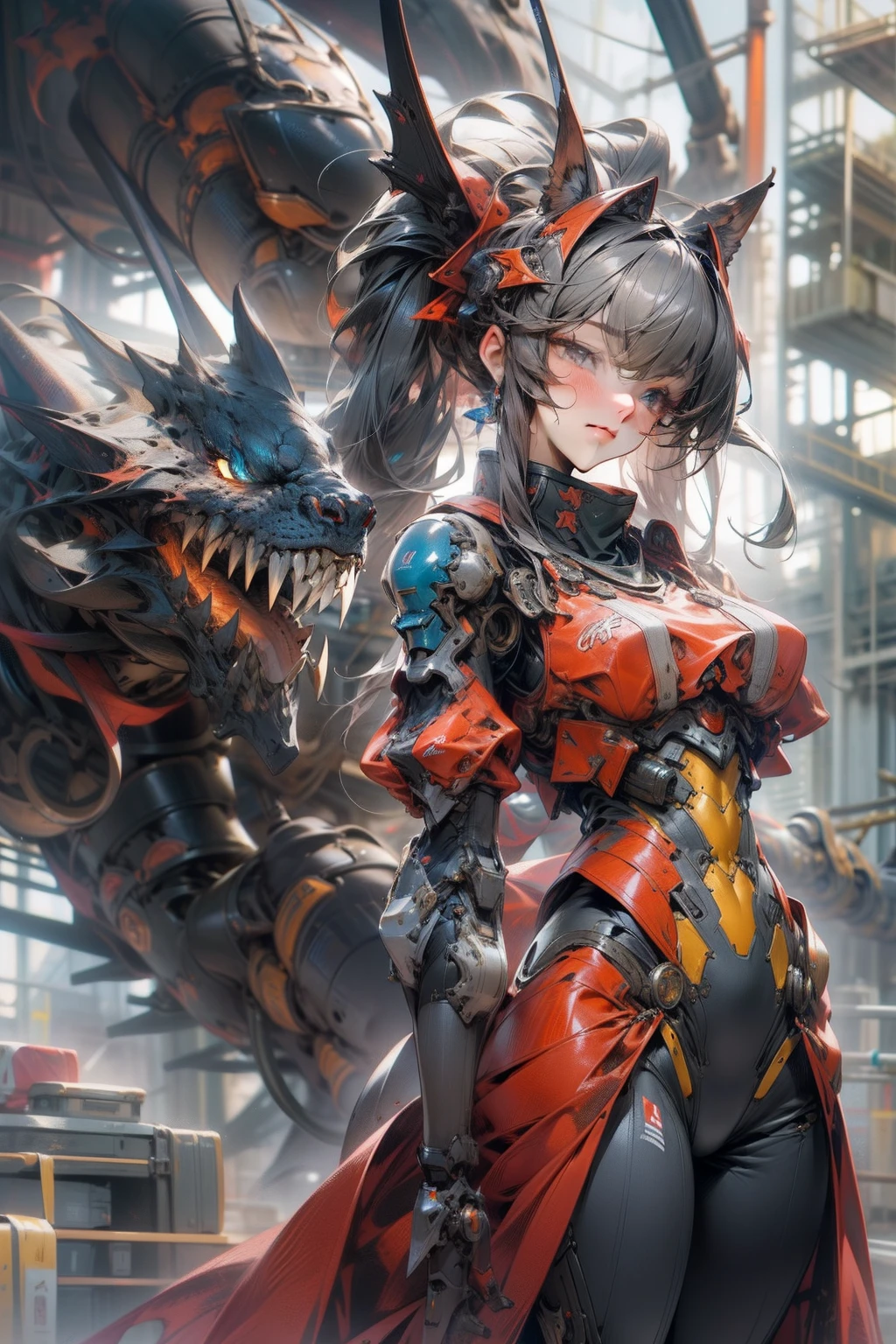 Dragon ear, At night,huge and complex technical background,(Masterpiece),(Detailed),(Intricate details),(Realistic, photo-realistic:1.1),i1 girl,Solo,(full bodyesbian:1.0),bluefire,Gear,giant robots,Machine,damage armor,mitts,machinery suit,(machinery boots),Mecha,science fit,updo,wearing mechanical equipment,nice ,Standing posture of model,Twist your body slightly,(Tall and elegant,Slender figure:1.4),Dragon ear ,dancing posture,Sexy posture,Tall and elegant,Metal Takazawa,Gorgeous,Science Filament,(Red and black color case:1.0), (Masterpiece, Best quality, High quality, A high resolution, Ultra-detailed),