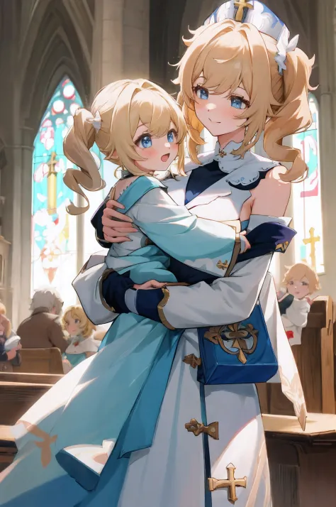 anime image of two women，medium hair, Barbar（genshin_impact），a Curly Blonde Ponytails, a girl in church, church background，anime...