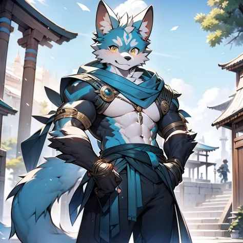 Best quality, Young, 15 year old, Furry, Solo, Male Wolf: 1.5, Light blue fur: 1.3, Light blue Ears, Animal Ear, Yellow eyes, Humanoid hands, Muscular body, Abs, Wearing Shaolin legging, Topless, Standing in the courtyard of Shaolin Temple.