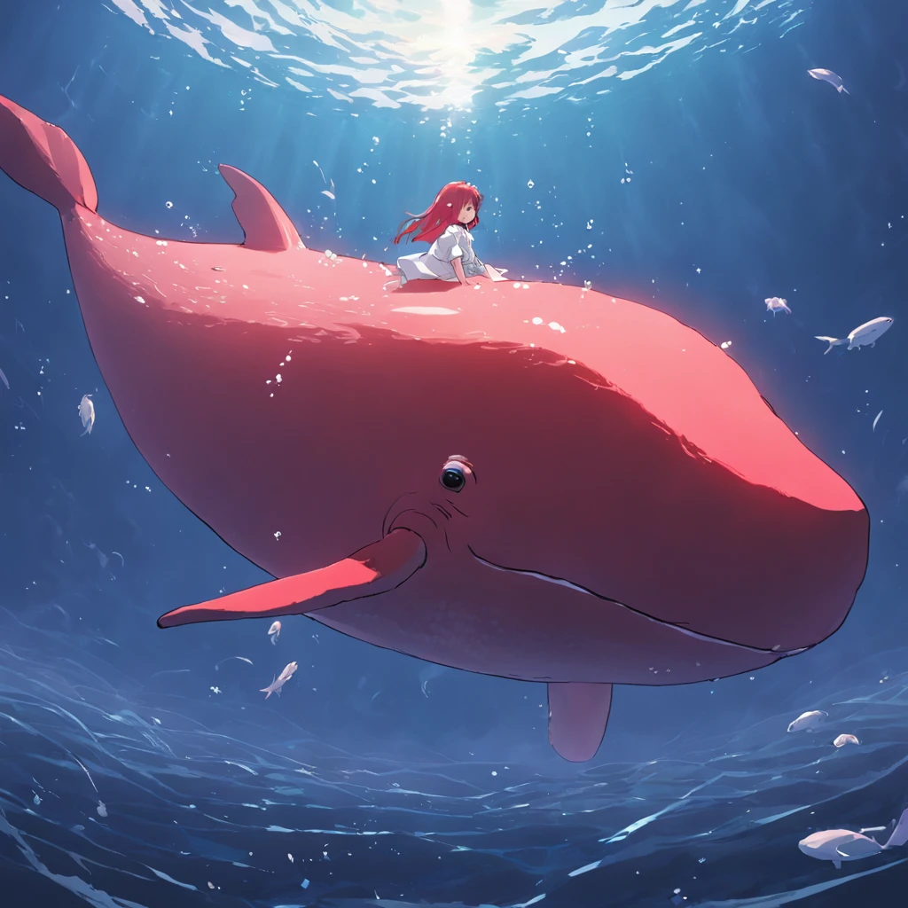 A fat red whale swimming alone in the ocean, Girl in white sitting on ...