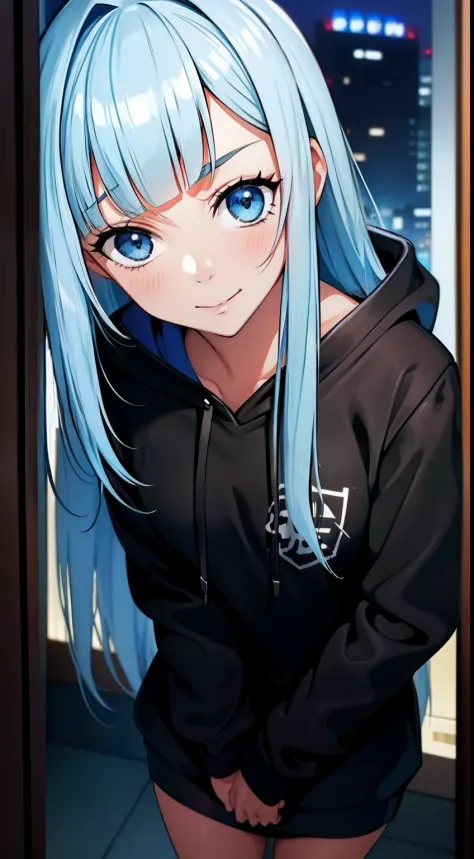 You in the middle,Masterpiece, Best quality, 1girll, fun, Funny, Perfect face, Expressive eyes, Cute, Smiling,cheerfulness, naughty, Blue eyes, modern, Beautiful Kosis,Black hoodie, Hoodie, Break the three corners, Light_Blue_Hair, Blunt bangs, Long hair, ...