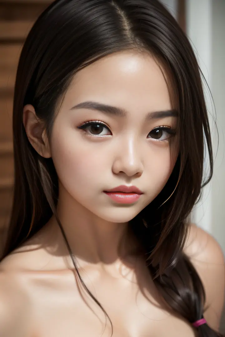 portrait, Girl 18 years old, Asian, realistic face, looks into the viewer's face, (((naked)))