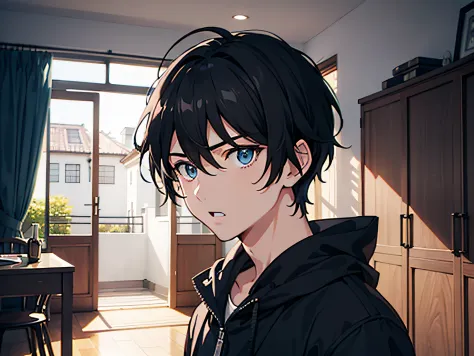 One boy looked surprised，Black color hair，blue color eyes，Handsome，inside the house，Illustration anime style，Dark 4K, hyper HD, ...