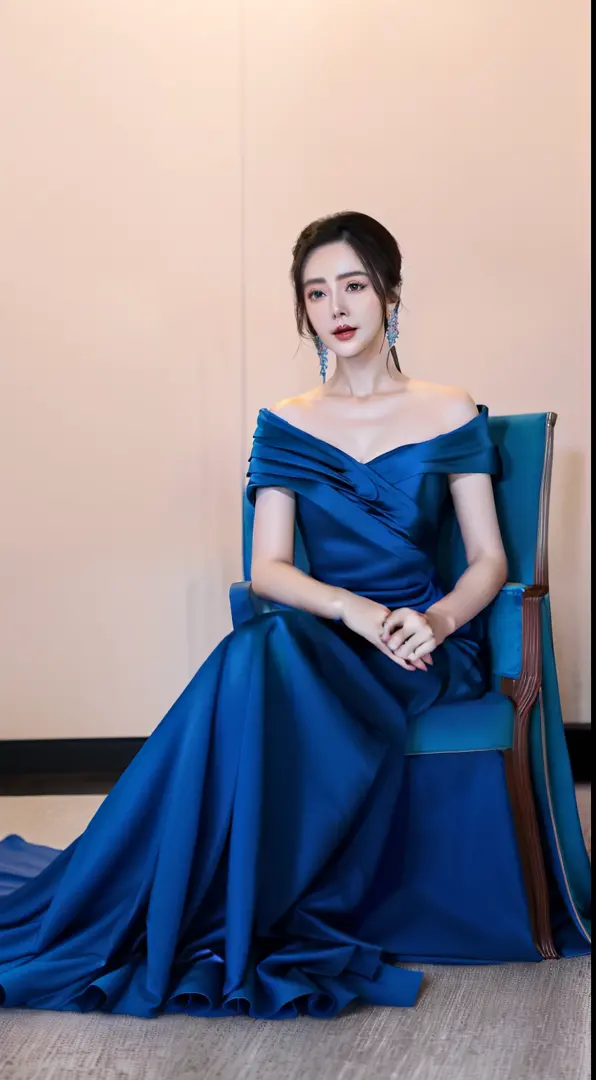 a close up of a woman in a blue dress sitting on a chair, dilraba dilmurat, Ethereal beauty, Dressed in elegant dresses, ruan jia beautiful!, gorgeous chinese models, yanjun cheng, wenfei ye, wearing long gown, dressed beautiful gown, Wearing a gorgeous dr...