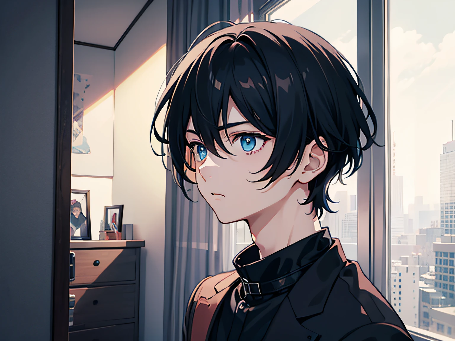 Anime boy with blue eyes looking out of a window in a room - SeaArt AI