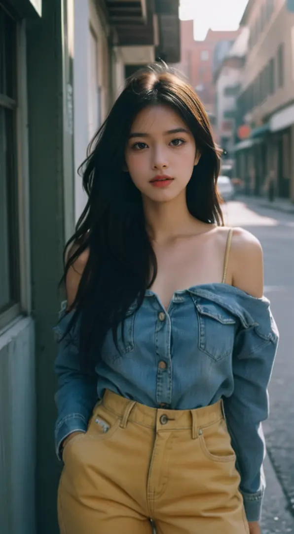 Best quality, masterpiece, ultra high res, (photorealistic:1.5), raw photo, 1girl, black offshoulder, short jeans ,90s alley background, sun light, sexy look, long hair,35mm film
