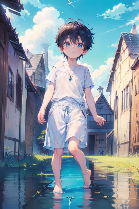 4K, (Masterpiece:1), Blue hair and shiny little boy, Glowing cyan eyes and bare feet, Arms up, Epic, Cinematic, Young, Boy, chil...
