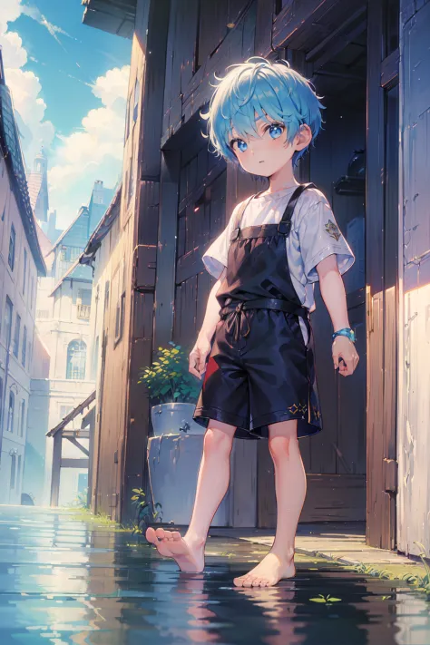 4K, (Masterpiece:1), Blue hair and shiny little boy, Glowing cyan eyes and bare feet, Arms up, Epic, Cinematic, Young, Boy, chil...