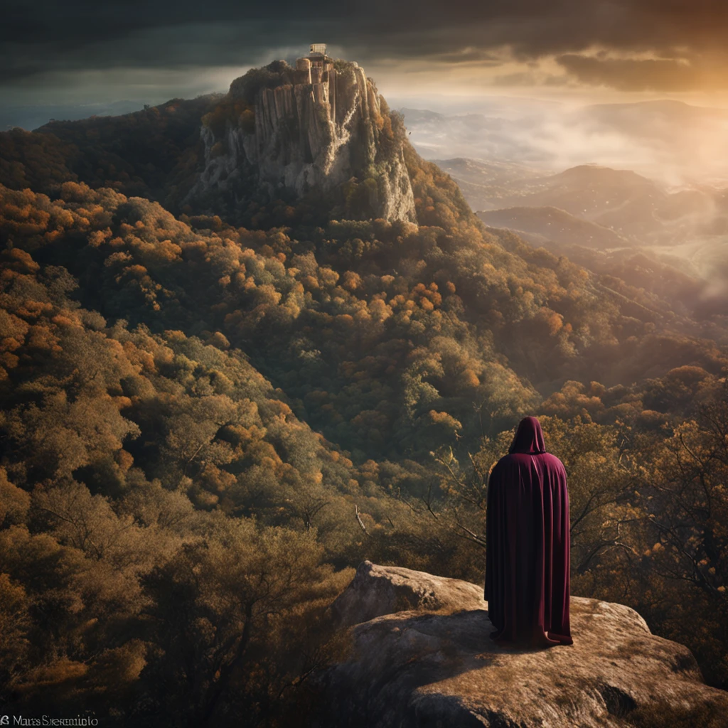 A man in a red cloak standing on a rock overlooking a mountain - SeaArt AI