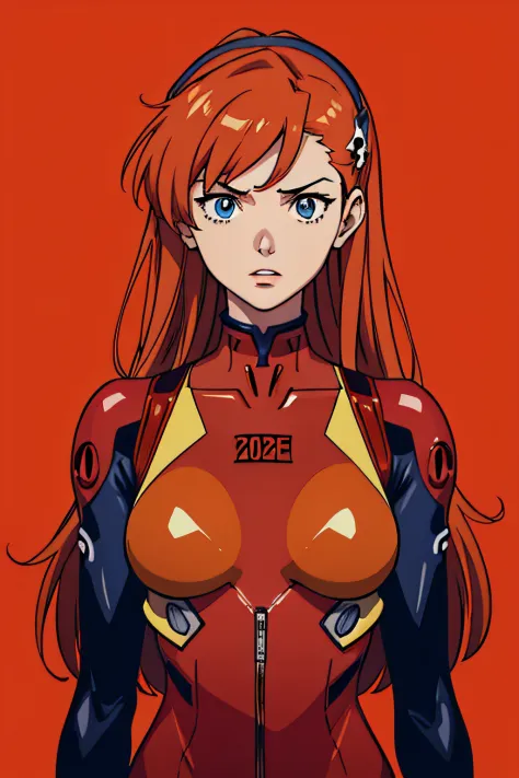 hands_on_own_chest,souryuu_asuka_langley,bodysuit,ginger,torn_bodysuit,rebuild_of_evangelion,1girl,large_breasts,upper_body,breasts,long_hair,skin_tight,hair_down,shiny_clothes,hair_ornament,very_long_hair,red_bodysuit,plugsuit,simple_background,solo,neon_...