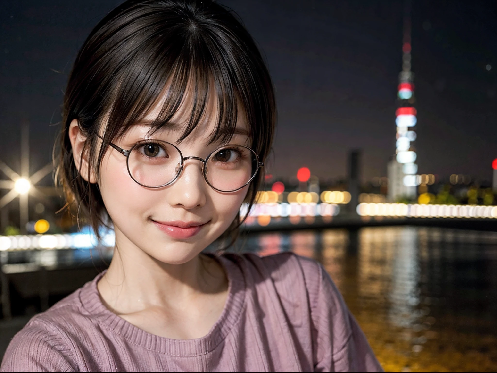 Japan girls in casual clothes、Watch your audience、Tokyo cityscape at night、(top-quality、Master masterpiece)))、HD fine、ighly detailed、Master masterpiece、电影灯光、(8K、top-quality、Master masterpiece:1.2)、(realisitic、Photorealsitic:1.37) Hi-Res、Super Detail、Woman with glasses、Silent look、Round glasses、Asian, cute little, Cute face, Solo, Short hair 1.2, Textured skin, Beautiful smile, Beautiful detailed night sky, night landscape, 电影灯光, depth of fields, Lens flare light、Dating、(blush nose)、、(Mouth closed)tiny chest、Beautiful eye for detail、(Sweaters:1.1)、(Short hair:1.2)、Floating hair Nova frog style、