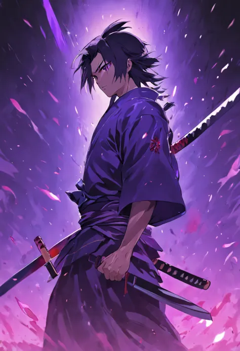 Male samurai，mid-air，Draw the knife and chop，the night，Black and purple clothes，Blue-purple background，the street，Helpless gunman，The knife is shining，Maniac，Guro，slaughter，